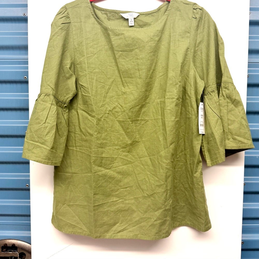 Time and Tru Womens Bell Sleeve Woven Top Olive Green Relaxed Fit Blouse S 4-6